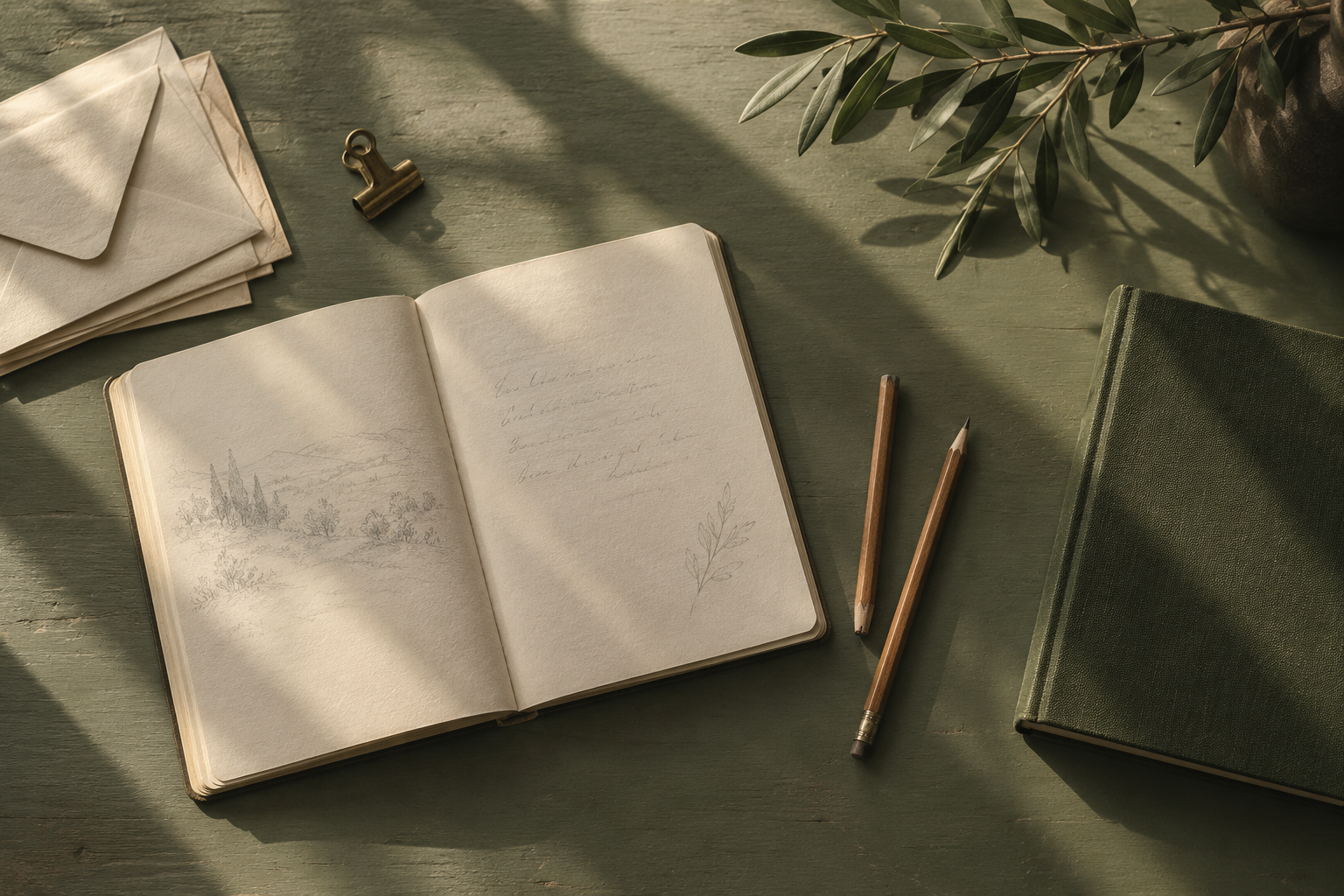 Open notebook, cedar pencils and cream envelopes on a sage green table in soft afternoon light